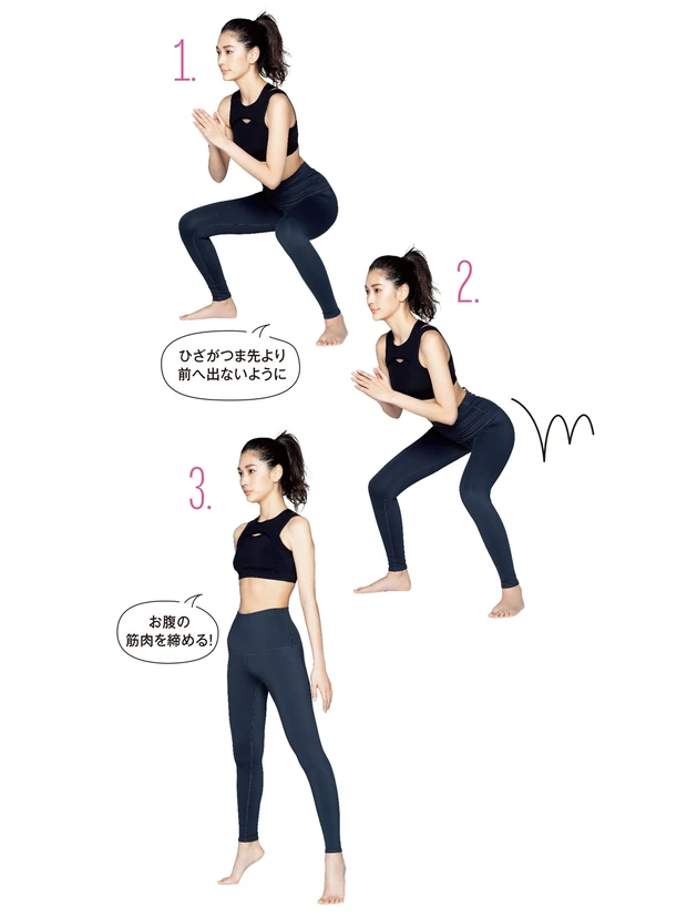 1.お尻を突き出すように腰を落とす／2.お尻を2回バウンドさせる／3.息を吐きながら伸び上がる