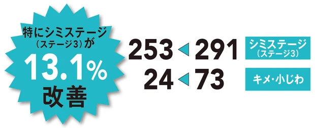 シミステージ （ステージ3）　291→253　キメ・小じわ　73→24　特にシミステージ （ステージ3）が13.1%改善