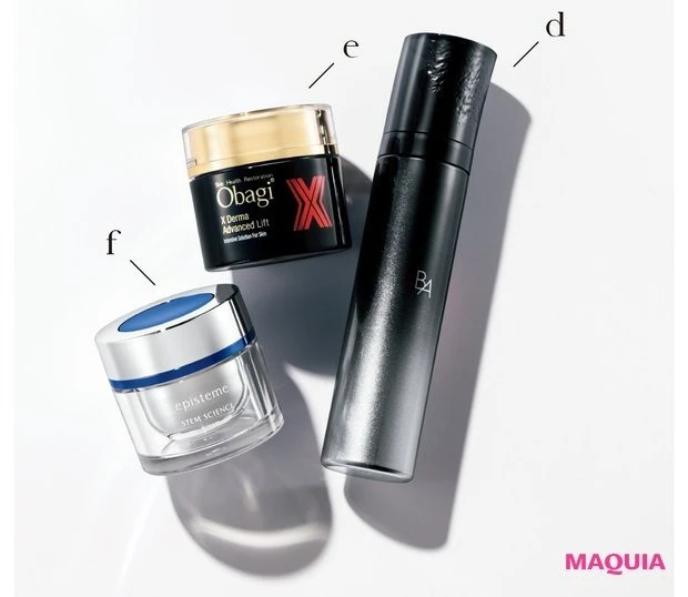 神崎 恵さんおすすめのお悩み・パーツ別エイジングケアコスメ_たるみケア_B.A ミルク フォーム 84g ¥13200/ポーラ_オバジX ダーマアドバンスドリフト 50g ¥11000_エピステーム ステムサイエンスリフトクリーム b 45g ¥36300/ロート製薬 シワケア