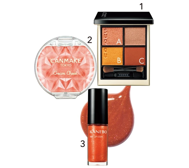 1 シグニチャー カラー アイズ 10 ¥7700／SUQQU　2 キャンメイク クリームチーク（パールタイプ） P04 ¥638／井田ラボラトリーズ（7月31日限定発売）　3 カネボウ ティントリップコート EXL4 ¥3300／カネボウインターナショナルDiv.（8月5日限定発売）