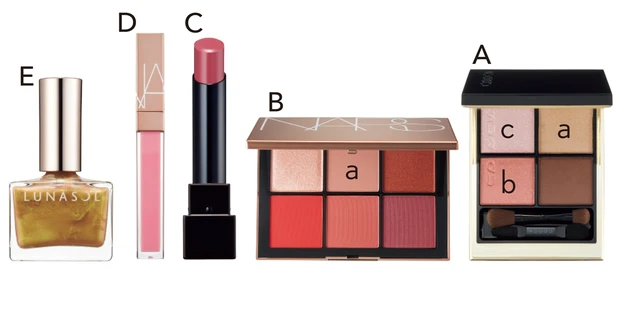 A シグニチャー カラー アイズ 116 ￥7700／SUQQU（5/13限定発売）　B アフターグロー チークパレット ￥8360／NARS JAPAN（6/10限定発売）　C ケイト リップモンスター 13 ￥1540（編集部調べ）／カネボウ化粧品（４/２３発売）　D アフターグロー リップシャイン 02475 ￥3630／NARS JAPAN（6/10限定発売）　E ルナソル ネイルポリッシュ EX23 ￥2200／カネボウ化粧品（５/２０限定発売）