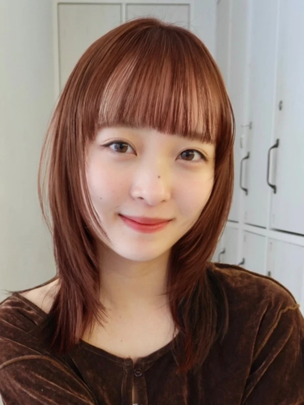 髪型 ミディアムレイヤー ミディアムヘア 暖色カラー 正面