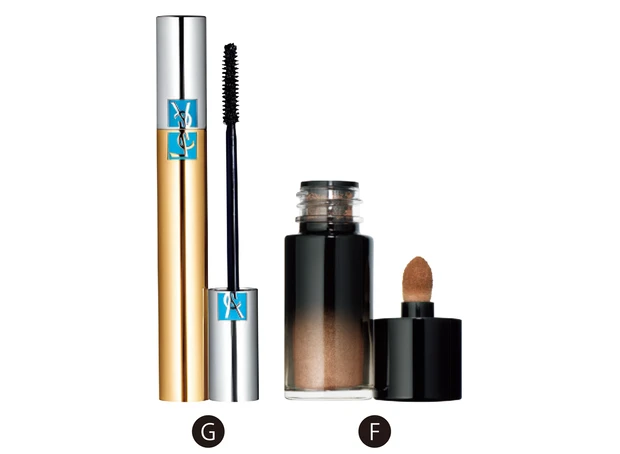 F オンブル プルミエール リーブル 402 ¥5720／シャネル（8/4発売）　G マスカラ ヴォリューム エフォシル WP 1 ¥4620／イヴ・サンローラン・ボーテ