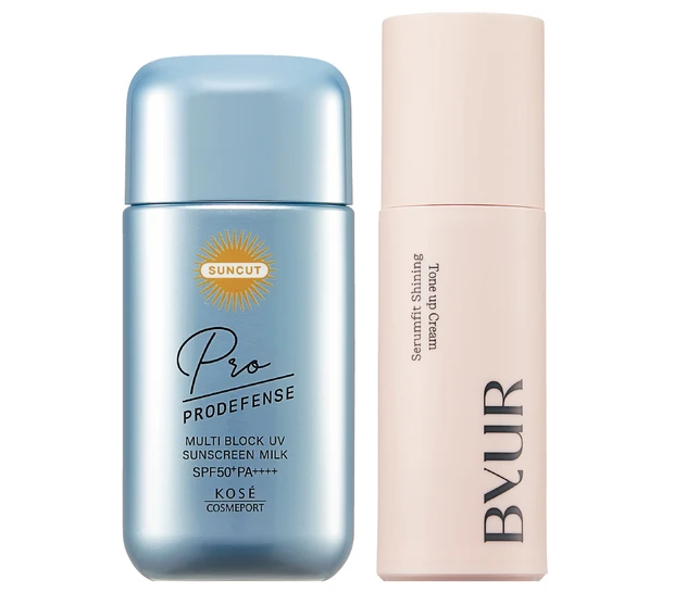 （右）バイユア セラムフィット シャイニング トーンアップクリーム　（左）サンカット プロディフェンス マルチブロックUV ミルク