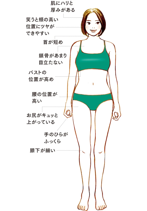 肌にハリと厚みがある／笑うと頬の高い位置にツヤができやすい／首が短め／鎖骨があまり目立たない／バストの位置が高め／腰の位置が高い／お尻がキュッと上がっている／手のひらがふっくら／膝下が細い