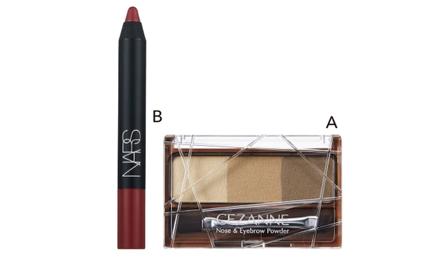 A ノーズ＆アイブロウパウダー 01 ￥638／セザンヌ化粧品　B ベルベットマットリップペンシル 2488N ￥3960／NARS JAPAN
