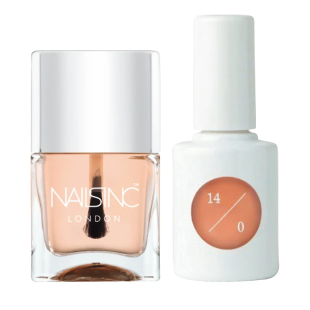 (右)爪を大切にしながら彩りを楽しめる。uka カラーベースコート ゼロ 14/0 10mL ¥2000/uka Tokyo head office (左)45秒で乾く超速乾トップコート! ネイルズ インク 45 セカンド トップコート 14mL ¥2800/ティー エー ティー