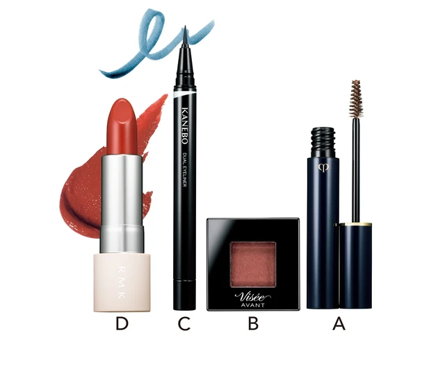 A ジェルスルシル 102 ￥3850／クレ・ド・ポー ボーテ（4月21日発売）　B ヴィセ アヴァン シングルアイカラー 018 ￥880（編集部調べ）／コーセー　C KANEBO デュアルアイライナー （カラー） EX1 ￥3850（セット価格）／カネボウ化粧品（限定品）　D ザ リップカラー 05 ￥3850／RMK Division