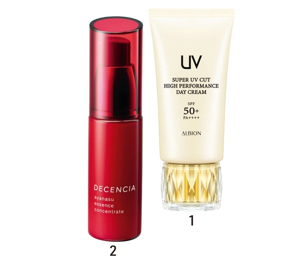 1スーパー UVカット ハイパフォーマンス デイクリーム SPF50+・PA++++ 50g¥11000/アルビオン 2アヤナス エッセンス コンセントレート 36g¥8250/ディセンシア