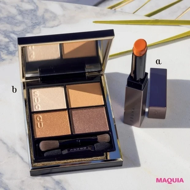 【おすすめオレンジリップ③】THREE アライジング スピリットリップグロー 06_アライジング スピリットリップグロー 06 ￥4290／THREE_シグニチャー カラー アイズ 03 ￥7700／SUQQU