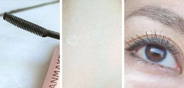 マスカラ下地のブラシ、マスカラ液、実際の使用画像