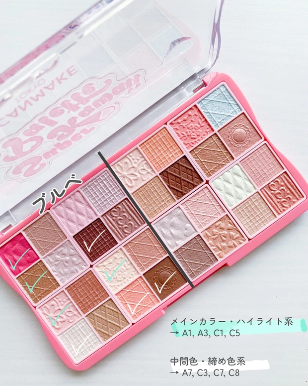 キャンメイク 32色パレット ブルベ（ブルーベース）におすすめのカラー位置をチェックした写真