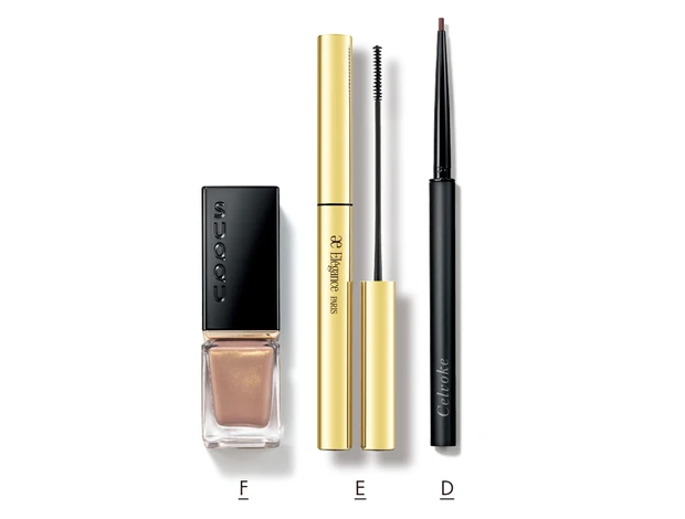 3.初対面の好感度アップ!「青みピンク」のワントーンメイク_Dイラボレート ジェル アイライナー 04 ¥3080/セルヴォーク_Eカールアメイジング マスカラ BK10 ¥4400/エレガンス コスメティックス_Fネイル カラー ポリッシュ 159 ¥2750/SUQQU(限定品)