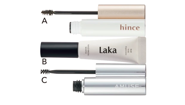 Aシグネチャーブロウシェイパー G002グレーブラウン ￥2200／hince　Bワイルドブロウシェイパー #ストロング￥1690／Laka　Cアイヴィーガンクリーンブロウテイマー ￥2112／アミューズ