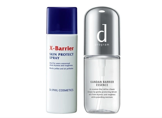 (右)寒暖差による肌の潤い低下をケア。d プログラム カンダンバリア エッセンス 40ml ¥3300/資生堂インターナショナル (左)秋花粉、PM2.5の付着をブロック。フイルナチュラント エクスバリア スキンプロテクト スプレー 70g ¥1320/ドクターフィル コスメティクス
