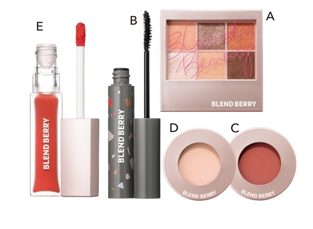 A ブレンドベリー オーラクリエイション B 009 ￥1650、B 同 フラッフィー ロング＆カール マスカラ 001 ￥1540、C 同 フェイスグロス 001 ￥1320、D 同 フェイスニュアンス 001 ￥1320、E 同 ムースタッチ ティントリップ 005 ￥1650／コーセーコスメポート