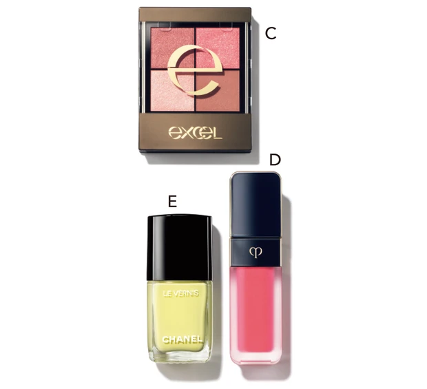 E エクセル リアルクローズシャドウ CX02 ￥1650／常盤薬品工業　D ルージュクレーム マット 118 ￥5500／クレ・ド・ポー ボーテ　E ヴェルニ 129 ￥4620／シャネル（6月2日発売）