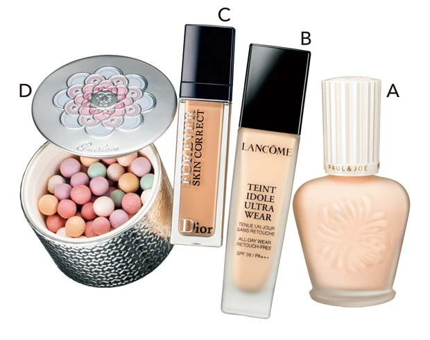 A プロテクティング ファンデーション プライマー SPF50+･PA++++ 30ml 全2色 各￥3850／ポール & ジョー ボーテ　B タンイドル ウルトラ ウェア リキッド SPF38･PA+++ 30ml 全13色 各￥6930／ランコム　C ディオールスキン フォーエヴァー スキン コレクト コンシーラー 11ml 全7色 各￥4620／パルファン・クリスチャン・ディオール　D メテオリット ビーユ 02 ￥8470／ゲラン