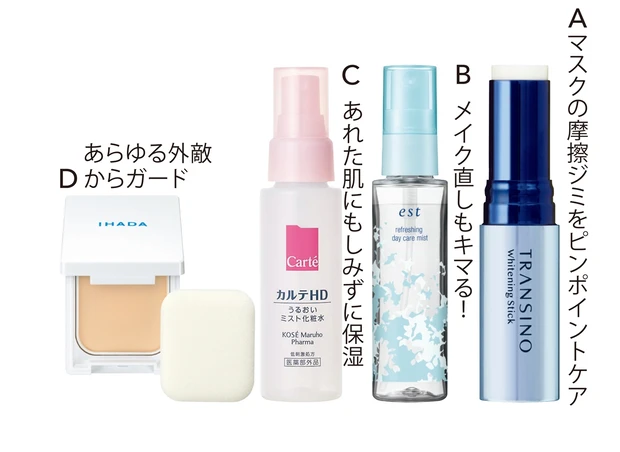 A トランシーノ薬用 ホワイトニングスティック（医薬部外品） 5.3g ￥3850（編集部調べ）／第一三共ヘルスケア　B エスト リフレッシング デイケアミスト ハーバルスプラッシュの香り 50ml ￥3300／花王（4月22日限定発売）　C カルテHD モイスチュア ミストローション（医薬部外品） 60ml ￥990（編集部調べ）／コーセー マルホ ファーマ　D イハダ 薬用フェイスプロテクトパウダー（医薬部外品） SPF40･PA＋＋＋＋ 9g ￥1980／資生堂薬品