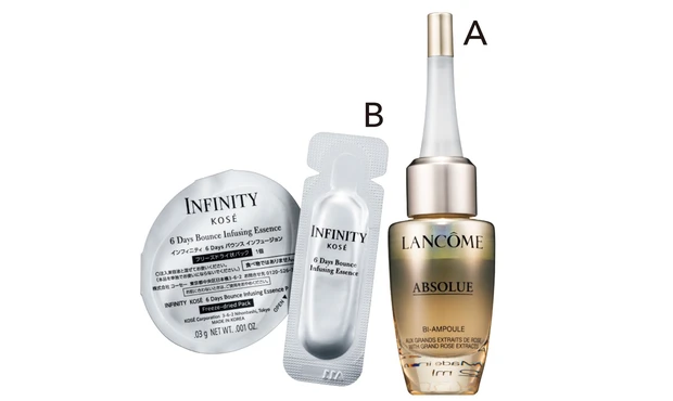 Aアプソリュ オレオ コンセントレート 12ml ¥22000／ランコム　Bインフィニティ 6Days バウンス インフュージョン 6回分 ￥8800（編集部調べ）／コーセー