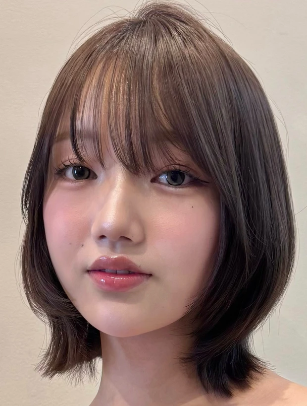 髪型　小顔ボブ　ボブヘア　前髪あり　シースルーバング　正面