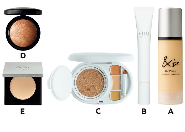 A ＆be UVプライマー 36g SPF50+・PA++++ ￥2750／Clue　B vim BEAUTY キープコンフィデンス プライマー ￥1680、C 同 エフェクト ライク フィニッシュ ファンデーション キット 18 SPF50+・PA+++ ￥4350／Direct Tech　D ミネラライズ スキンフィニッシュ ゴールド ディポジット ￥5280／M･A･C　E ＆be グロウハイライター ￥3080／Clue