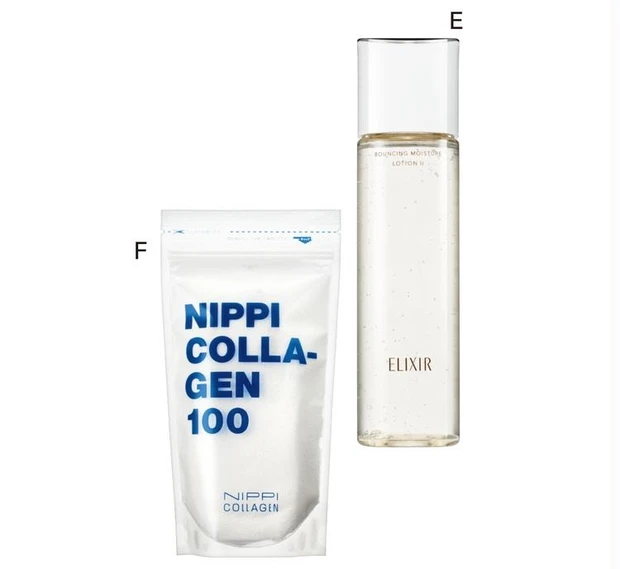 E エリクシール シュペリエル リフトモイストローション SP Ⅱ[医薬部外品] 170ml ￥3300／エリクシール　F ニッピコラーゲン 100 110g×3袋入り ￥5832／ニッピコラーゲン化粧品