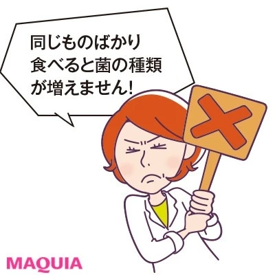 【便秘解消におすすめ】腸内細菌不足腸便秘タイプさん_いろいろな食品をとって腸内細菌の種類を増やして