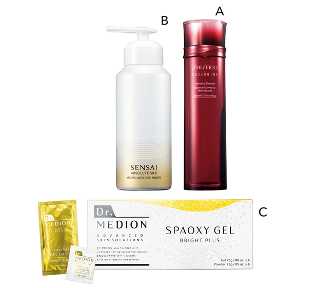 A SHISEIDO オイデルミン エッセンスローション 145ml ¥9680/SHISEIDO (3月1日発売) B センサイ AS マイクロムースウォッシュ 180g ¥8800/カネボウ化粧品 (4月5日発売) C ドクターメディオン スパオキシジェル ブライトプラス 6回分 ¥8910/メディオン・リサーチ・ラボラトリーズ