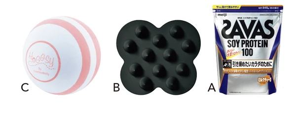 A ザバス ソイプロテイン100 ミルクティー風味 945g ￥5060／明治　B uka スカルプブラシ ケンザン ￥2200／uka Tokyo head office　C ホグッシー ￥4980／YumiCoreBody
