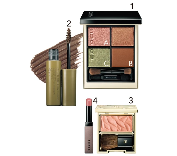 1 シグニチャー カラー アイズ 117 ¥7700／SUQQU（限定色）　2 アイエディション（ブロウマスカラ） 05 ¥1320／エテュセ（10月20日発売）　3 エレガンス カランドゥ フェイス BE401 ¥6050（セット価格）／エレガンス コスメティックス　4 アライジングスピリットリップグロー 08 ¥4290／THREE（9月7日発売）