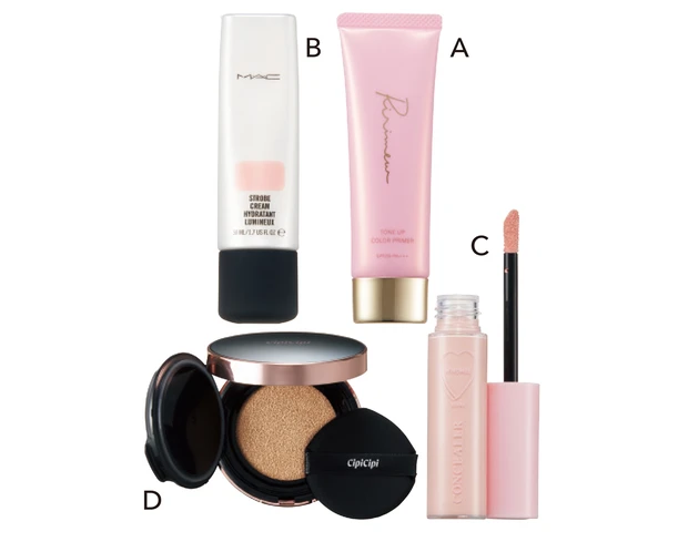 ピンク下地とハイライト、コンシーラーで肌を前に出す