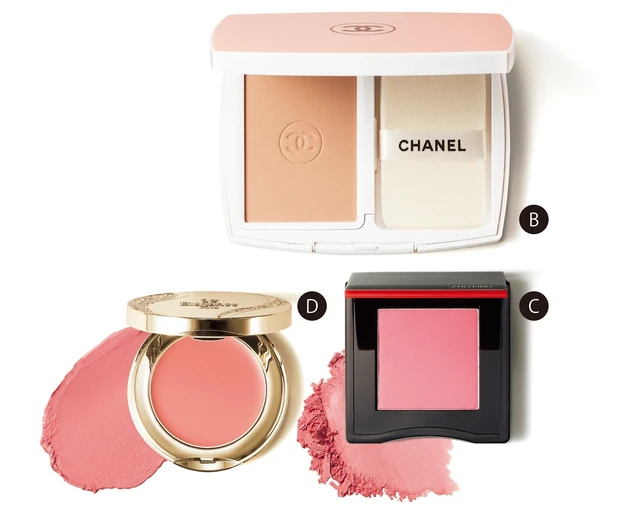 B ル ブラン ブライトニング コンパクト SPF25･PA+++ 全7色 各￥10230／シャネル　C インナーグロウ チークパウダー 03 ￥4400／SHISEIDO　D スリーク フェイス N PK101￥3300／エレガンス コスメティックス