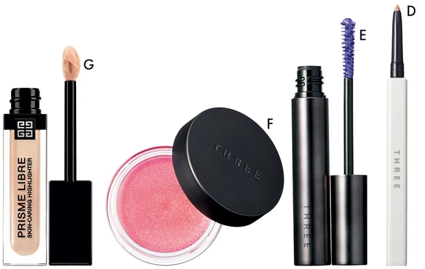 2.「アプリコットピンク」で作る洒落見えワントーンメイク_Aインウイ チーク 01 ¥6050(セット価格)/資生堂_Bエターナル アイビジュー 10 ¥2970/ジルスチュアート ビューティ_C2.「アプリコットピンク」で作る洒落見えワントーンメイク_Dソニックインスピレーション アイライナー X04 ¥3080_Eワイズアイズパースペクティヴ マスカラ X01 ¥4400_Fグラムトーンカラーカスタード E X02 ¥3300/THREE(限定品)_プリズム・リーブル・スキンケアリング・ハイライター ローズ エクストラヴァガンザ ¥4620/パルファム ジバンシイ(限定品)