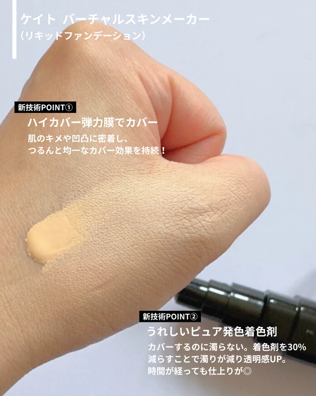 手にリキッドファンデーションをのせてスウォッチしている画像