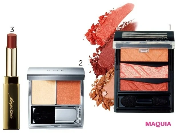 【おすすめブラウンリップ②】アンプリチュード コンスピキュアス クリーミーリップス 05_ケイト パーツリサイズシャドウ OR-1 ¥1200(編集部調べ)/カネボウ化粧品_ザ ベージュライブラリー ブラッシュデュオ 03 ¥4000/RMK Division_コンスピキュアス クリーミーリップス 05 ¥4300/アンプリチュード