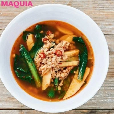 ダイエットにおすすめのスープ 豚ひき肉とたけのこのピリ辛スープ