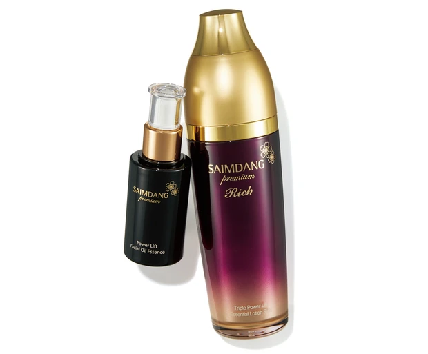 （右）サイムダンプレミアム  トリプル パワーリフト  美容液化粧水 リッチ、 （左）同 パワーリフト  フェイシャル  オイルエッセンス  <濃厚美容エッセンス>