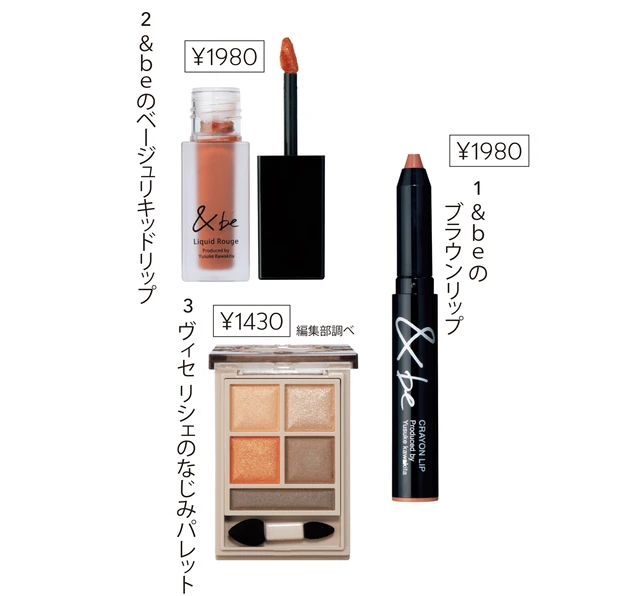1 &be クレヨンリップ ナッツブラウン、2 同 リキッドルージュ ヌードベージュ／Clue、3 ヴィセ リシェ パノラマデザイン アイパレット BR-4／コーセー