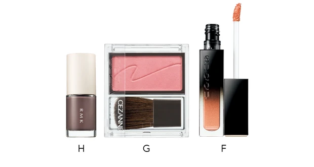 4.「ハンサムピンク」を使ったモードなピンクメイク_Fリクイド ラスター アイズ 06 ¥4070/SUQQU_Gチークブラッシュ 04 ¥550/セザンヌ化粧品_Hネイルラッカー EX-15 ¥2200/RMK Division(限定品)