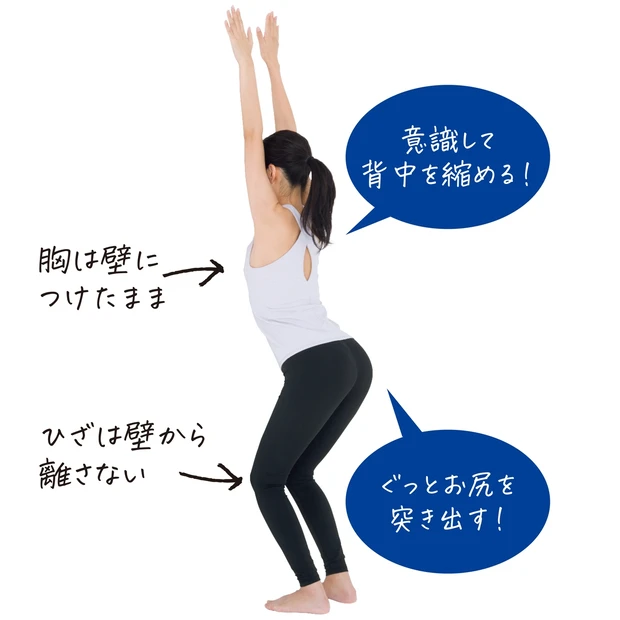 手のひらと胸を壁につけたまま、息を吐きつつ腰を下に落とす。