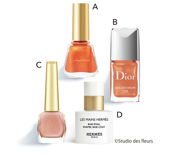 A コンスピキュアス ネイルカラー EX-04 ￥3850／Amplitude（限定色）　B ディオール ヴェルニ 720 ￥3300／パルファン・クリスチャン・ディオール（限定色）　C エレガンス ネイルケア カラー 02 ￥2750／エレガンス コスメティックス　D レ マン エルメス バース エマイユ ¥5720／エルメスジャポン