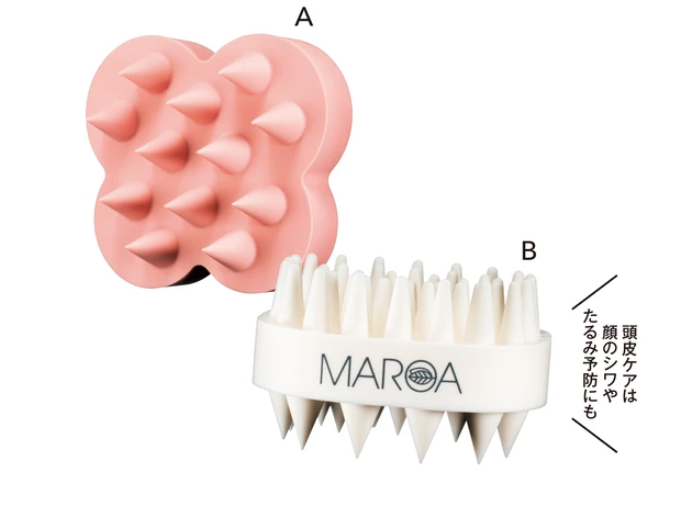 A uka スカルプブラシ ケンザン ミディアム ウカストア ゲンテイ ヨコハマピンク ￥2420／uka Tokyo head office　B スカルプケアブラシ ￥2310／MAROA