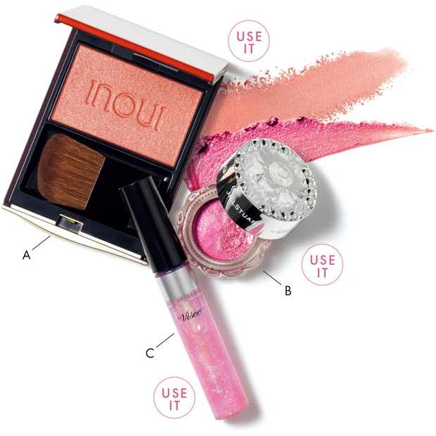 2.「アプリコットピンク」で作る洒落見えワントーンメイク_Aインウイ チーク 01 ¥6050(セット価格)/資生堂_Bエターナル アイビジュー 10 ¥2970/ジルスチュアート ビューティ_C2.「アプリコットピンク」で作る洒落見えワントーンメイク_Aインウイ チーク 01 ¥6050(セット価格)/資生堂_Bエターナル アイビジュー 10 ¥2970/ジルスチュアート ビューティ_Cヴィセ 30th ボリュームリップ メイカー 02 ¥1540(編集部調べ)/コーセー(限定品)