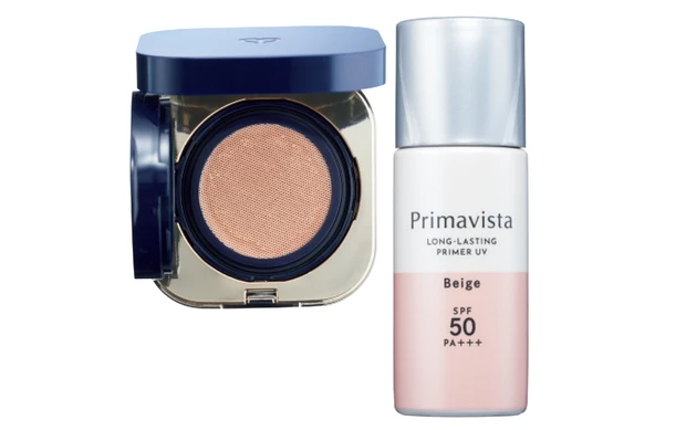 （右から）プリマヴィスタ スキンプロテクトベース〈皮脂くずれ防止〉SPF50 ベージュ SPF50・PA＋＋＋ 25ml ￥3080（編集部調べ）／花王（5/21発売）、タンクッションエクラ ナチュレル 全6色 SPF25・PA＋＋＋ 各￥11000（ケース込み）／クレ・ド・ポー ボーテ 