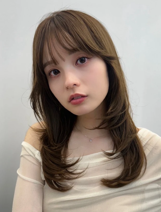 髪型 ミディアムレイヤー ミディアムヘア シースルーバング 正面