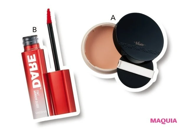 Under35が推す「発色・パッケージも優秀プチプラコスメ」_瞬時に今っぽい顔になれる新感覚のテクスチャーや発色_ヴィセ グロウバーム ファンデーション 01 SPF15・PA＋＋ ￥1980（編集部調べ）／コーセー_ミシャ デアティント ミラースリーク No.4 ￥1320／ミシャジャパン