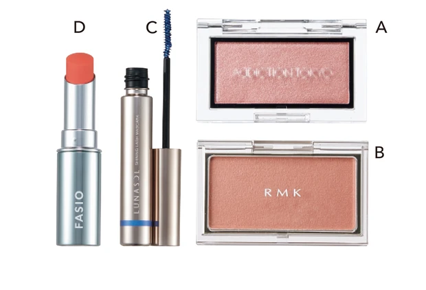 A ザ ブラッシュ ニュアンサー 102N Innate Talent ￥3300／アディクション ビューティ（8/4限定発売）　B ピュア コンプレクション ブラッシュ 09 ￥3630／RMK Division　C ルナソル シャイニングラッシュマスカラ EX02 ￥3850／カネボウ化粧品（9/22限定発売）　D ファシオ ヒトヌリ ルージュ 03 ￥1430（編集部調べ）／コーセー