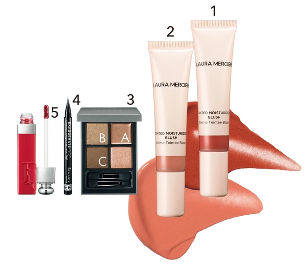 1 ローラ メルシエ ティンティド モイスチャライザー ブラッシュ PK3、2 同 PK2 15㎖ 各¥3410／ローラ メルシエ ジャパン　3 ディメンショナルビジョンアイパレット X03 ¥7150／THREE（8月3日限定発売）　4 エグザジェレート　ラスティングリキッドアイライナー WP 110 ¥1210／リンメル（9月23日限定発売）　5 ディオール アディクト リップ ティント 771 ¥4290／パルファン・クリスチャン・ディオール