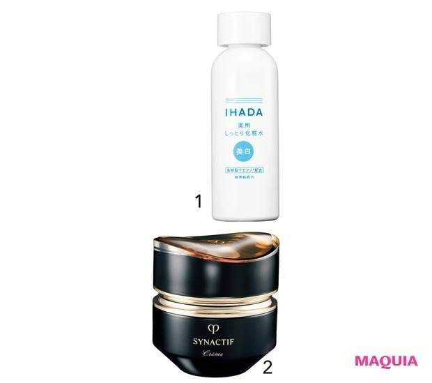 神崎 恵さんがエイジングの疑問やお悩みに回答！ エイジングQ&A_イハダ 薬用クリアローション［医薬部外品］ 180ml ￥1980／資生堂薬品_シナクティフ クレームn［医薬部外品］ 40g ￥132000／クレ・ド・ポー ボーテ